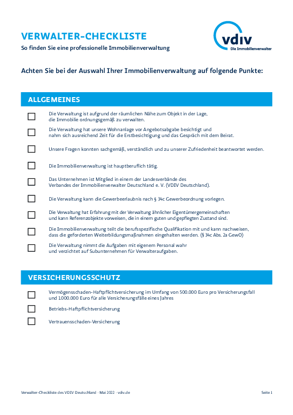 Vorschauansicht der VDIV Verwalter-Checkliste
